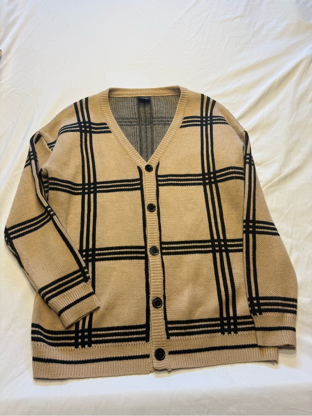 Camel Black Plaid Knit Cardigan Oversized Preppy